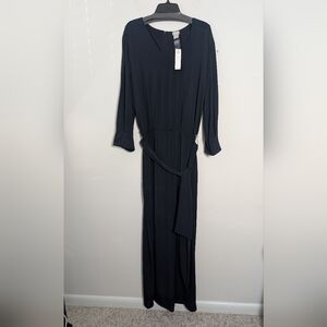 Chicos Travelers Wide Leg Jumpsuit Navy V Neck Pleated Sleeves Sz 3